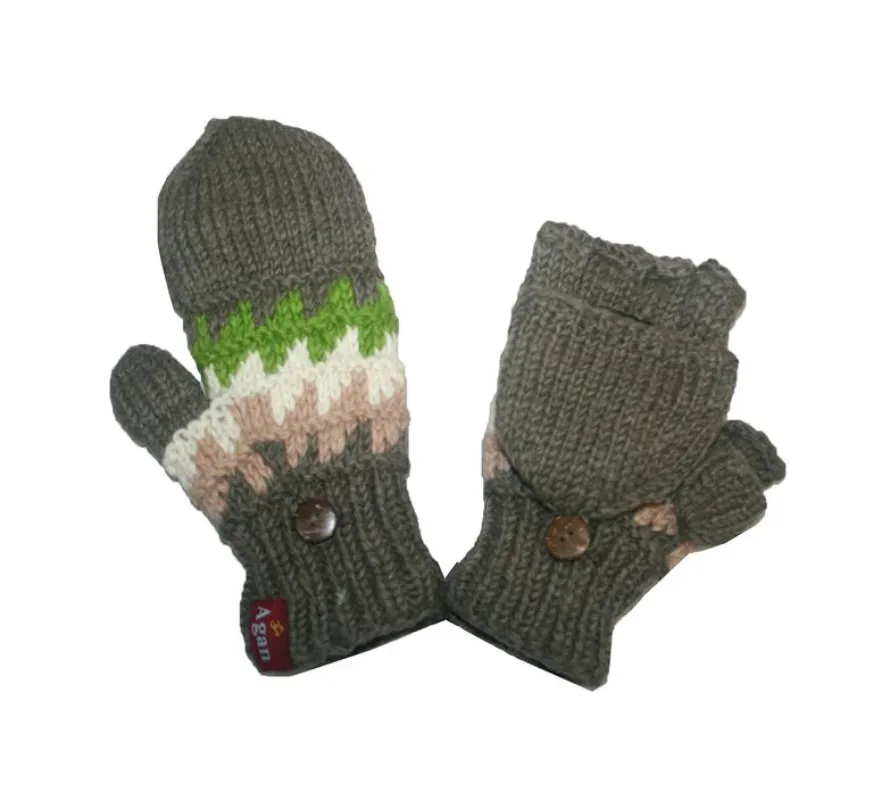 1415 Himalayan Sheep Wool Unisex Knit Folding Glove, Mitten Hat OR Set ~ Small / Medium