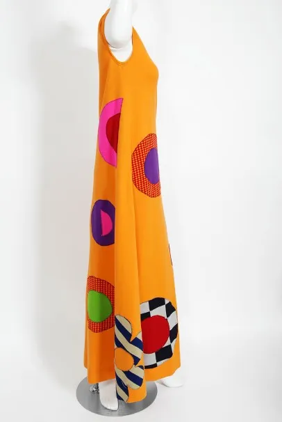 1965 Rudi Gernreich 'Flower Power' Applique Orange Wool Mod Maxi Dress