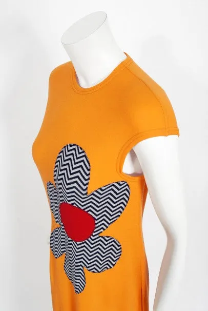 1965 Rudi Gernreich 'Flower Power' Applique Orange Wool Mod Maxi Dress