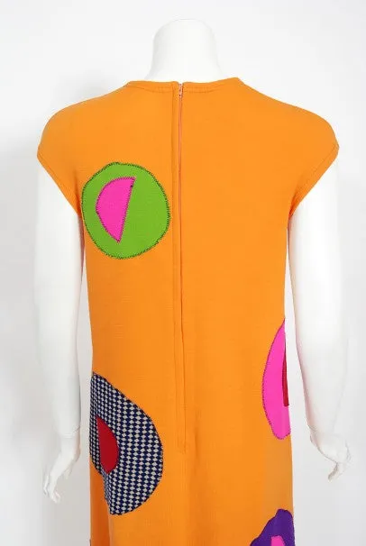 1965 Rudi Gernreich 'Flower Power' Applique Orange Wool Mod Maxi Dress