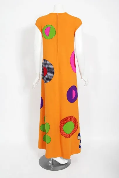 1965 Rudi Gernreich 'Flower Power' Applique Orange Wool Mod Maxi Dress