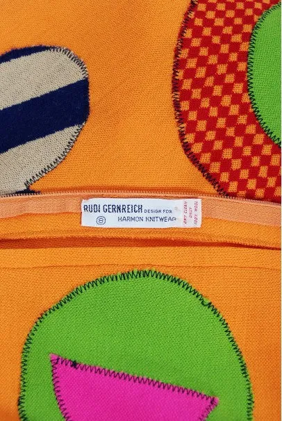 1965 Rudi Gernreich 'Flower Power' Applique Orange Wool Mod Maxi Dress