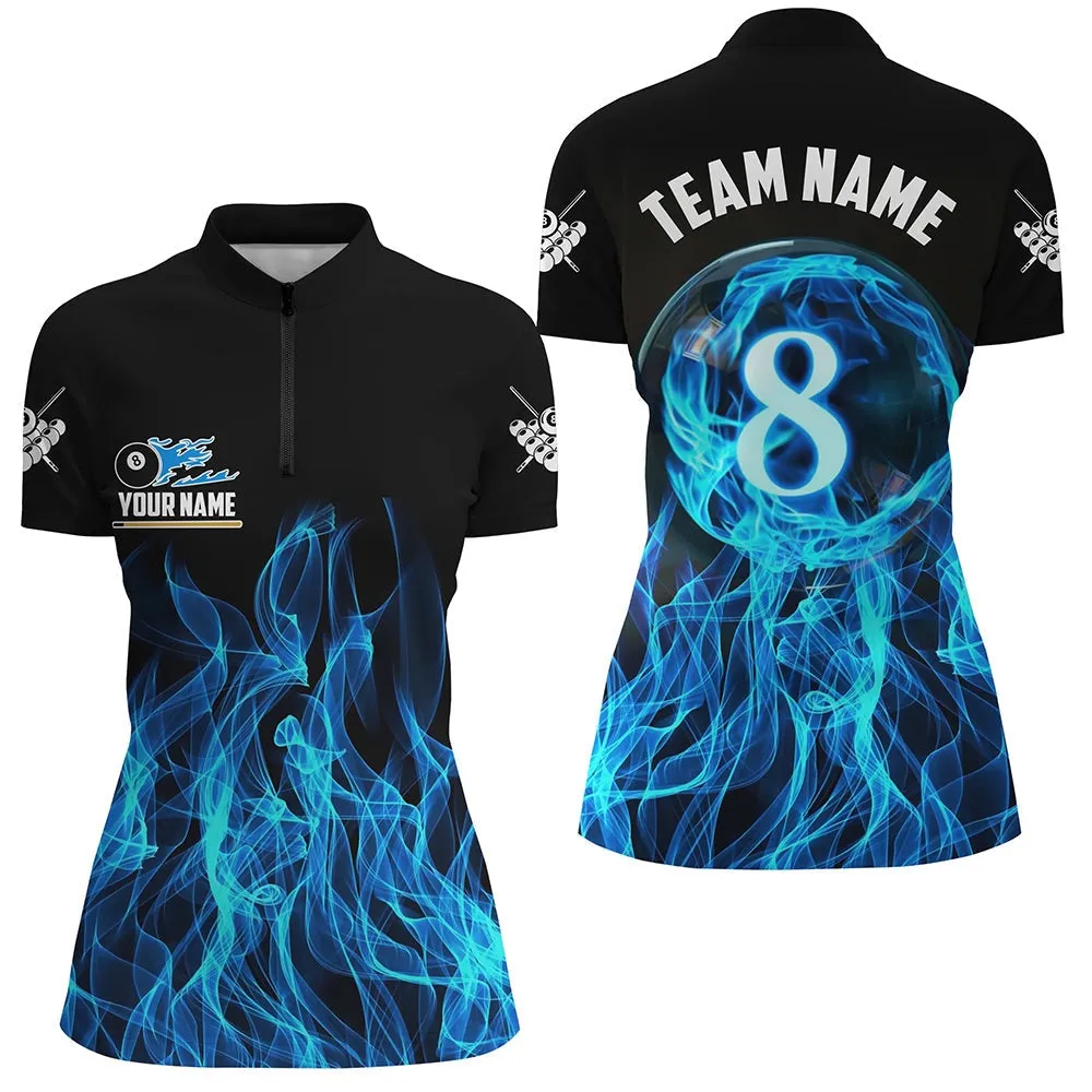 3D Blue Flaming 8 Ball Pool Magic Women Billiard Quarter Zip Jersey Shirt Custom Pool Player Jersey, Short Sleeve Jersey For Women
