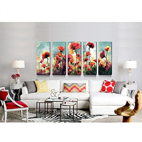 5 Panels Floral Paintings Contemporary Artwork cubism- Blooming Poppies Hand Embellished Hand Touch Canvas Prints ,Ready to Hang (12 x 30inch x 5pcs)
