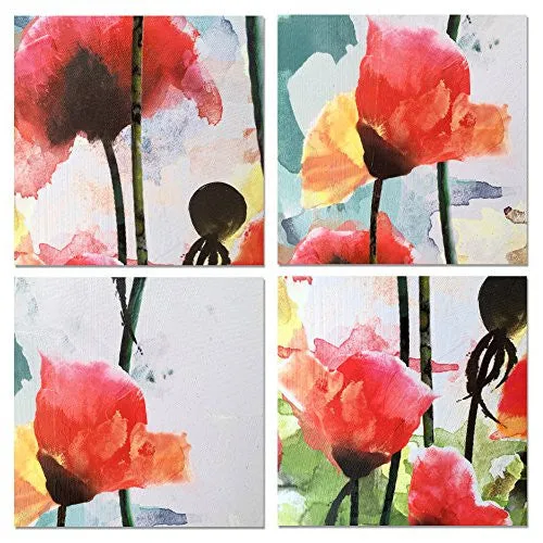 5 Panels Floral Paintings Contemporary Artwork cubism- Blooming Poppies Hand Embellished Hand Touch Canvas Prints ,Ready to Hang (12 x 30inch x 5pcs)