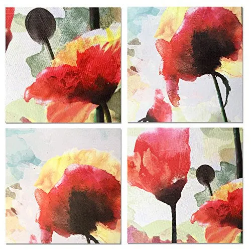 5 Panels Floral Paintings Contemporary Artwork cubism- Blooming Poppies Hand Embellished Hand Touch Canvas Prints ,Ready to Hang (12 x 30inch x 5pcs)