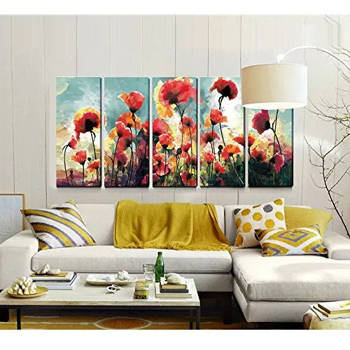 5 Panels Floral Paintings Contemporary Artwork cubism- Blooming Poppies Hand Embellished Hand Touch Canvas Prints ,Ready to Hang (12 x 30inch x 5pcs)