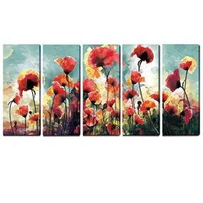 5 Panels Floral Paintings Contemporary Artwork cubism- Blooming Poppies Hand Embellished Hand Touch Canvas Prints ,Ready to Hang (12 x 30inch x 5pcs)