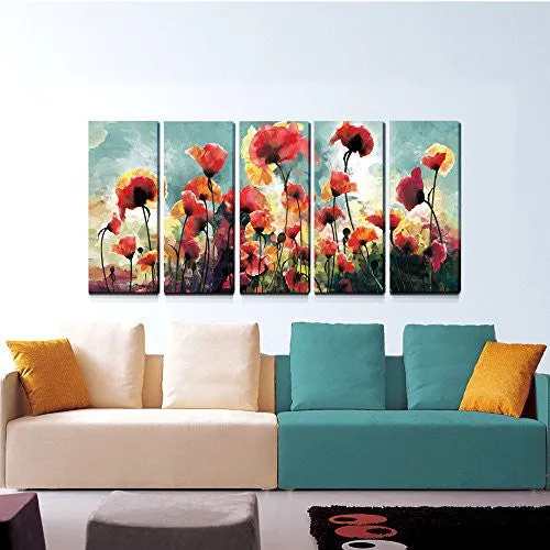 5 Panels Floral Paintings Contemporary Artwork cubism- Blooming Poppies Hand Embellished Hand Touch Canvas Prints ,Ready to Hang (12 x 30inch x 5pcs)