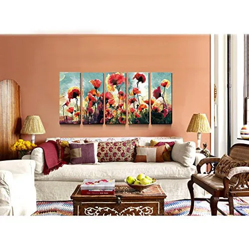 5 Panels Floral Paintings Contemporary Artwork cubism- Blooming Poppies Hand Embellished Hand Touch Canvas Prints ,Ready to Hang (12 x 30inch x 5pcs)