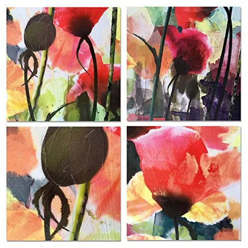 5 Panels Floral Paintings Contemporary Artwork cubism- Blooming Poppies Hand Embellished Hand Touch Canvas Prints ,Ready to Hang (12 x 30inch x 5pcs)