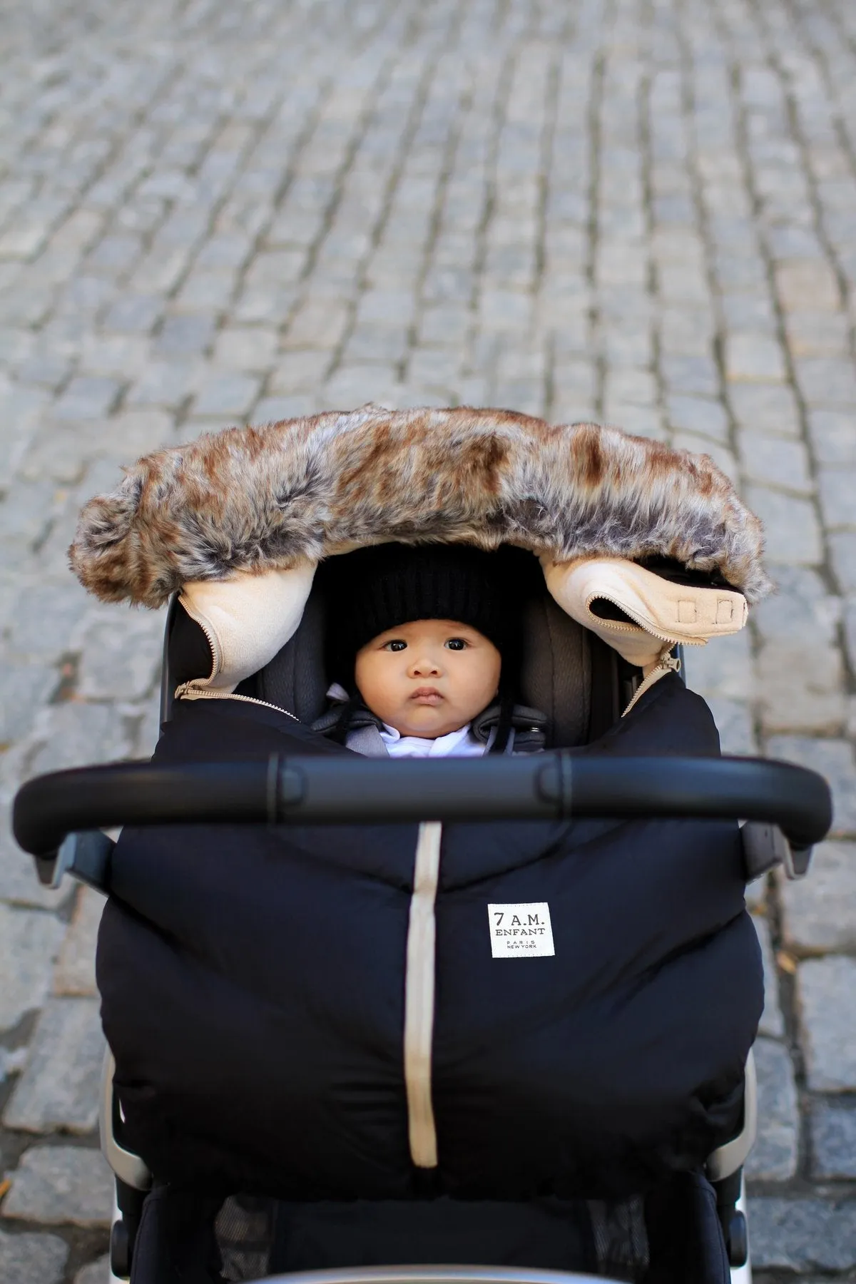 7 AM Car Seat Cocoon - Tundra Black Faux Fur (0-12M)