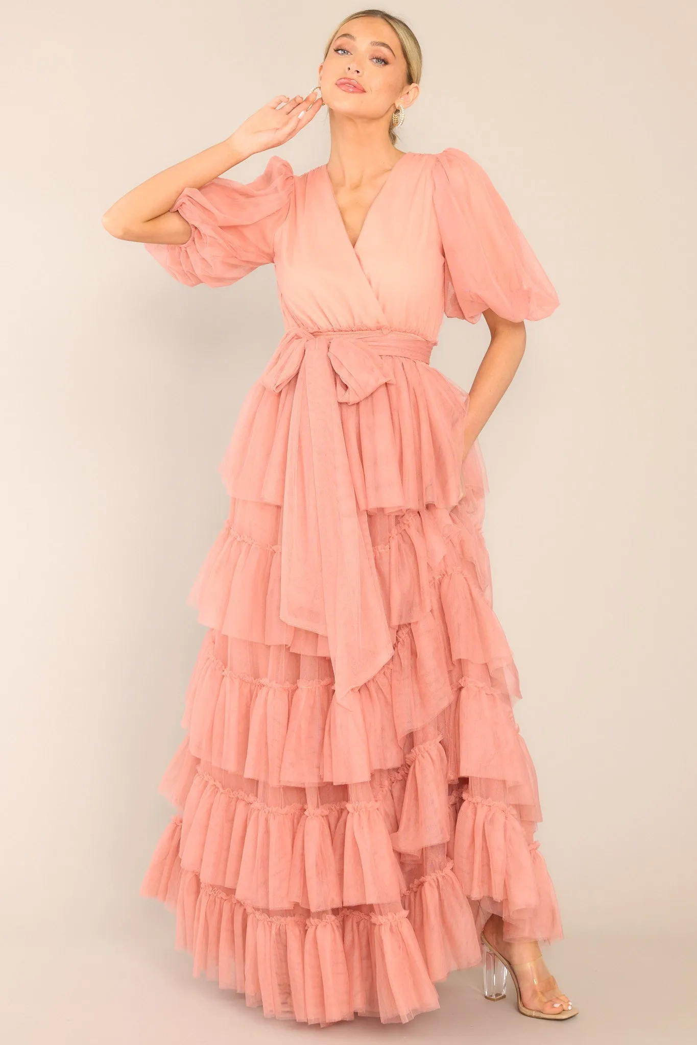 A Beautiful Feeling Rose Pink Tiered Tulle Maxi Dress