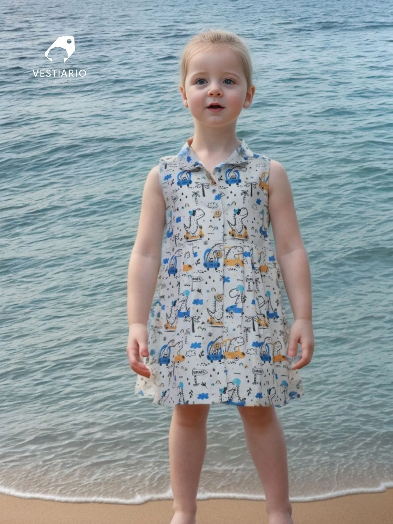 Dino on Car Print Blend Linen Dress