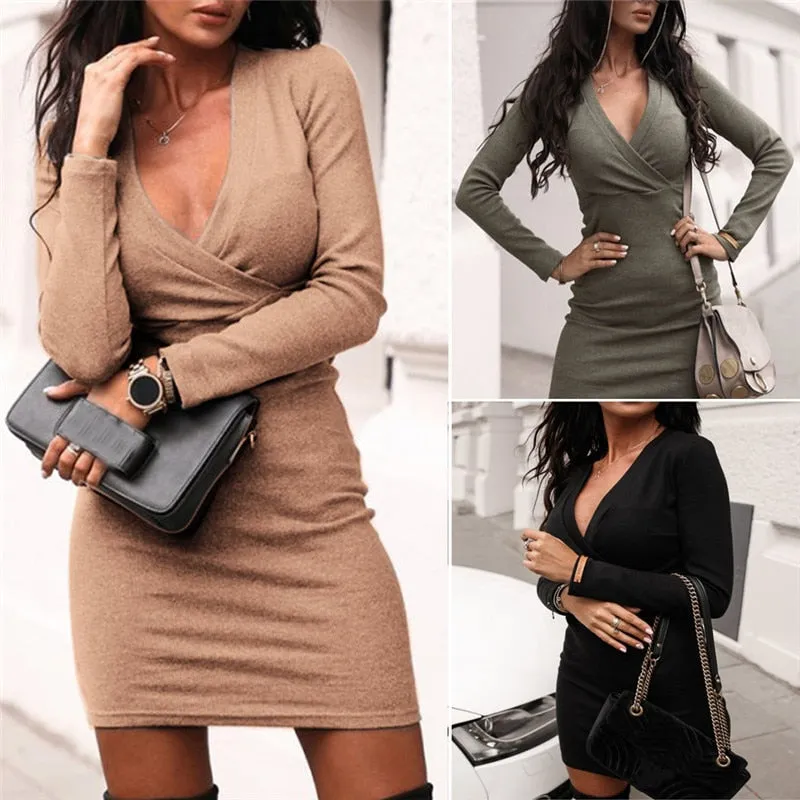 Elegant Long Sleeve Deep V Neck Jumper Dress Bodycon