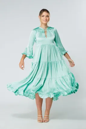 Gia Aqua Tiered Maxi Soft Crepe Satin Dress With Frilled Sleeves