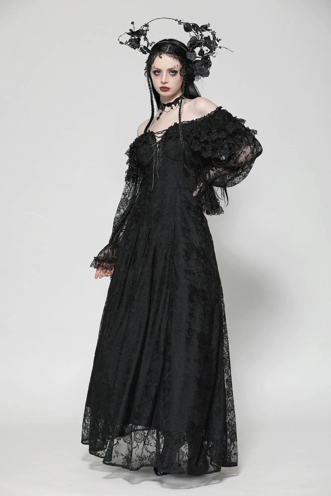 Gothic Off-Shoulder Layered Ruffle Elegant Maxi Dress DW1011