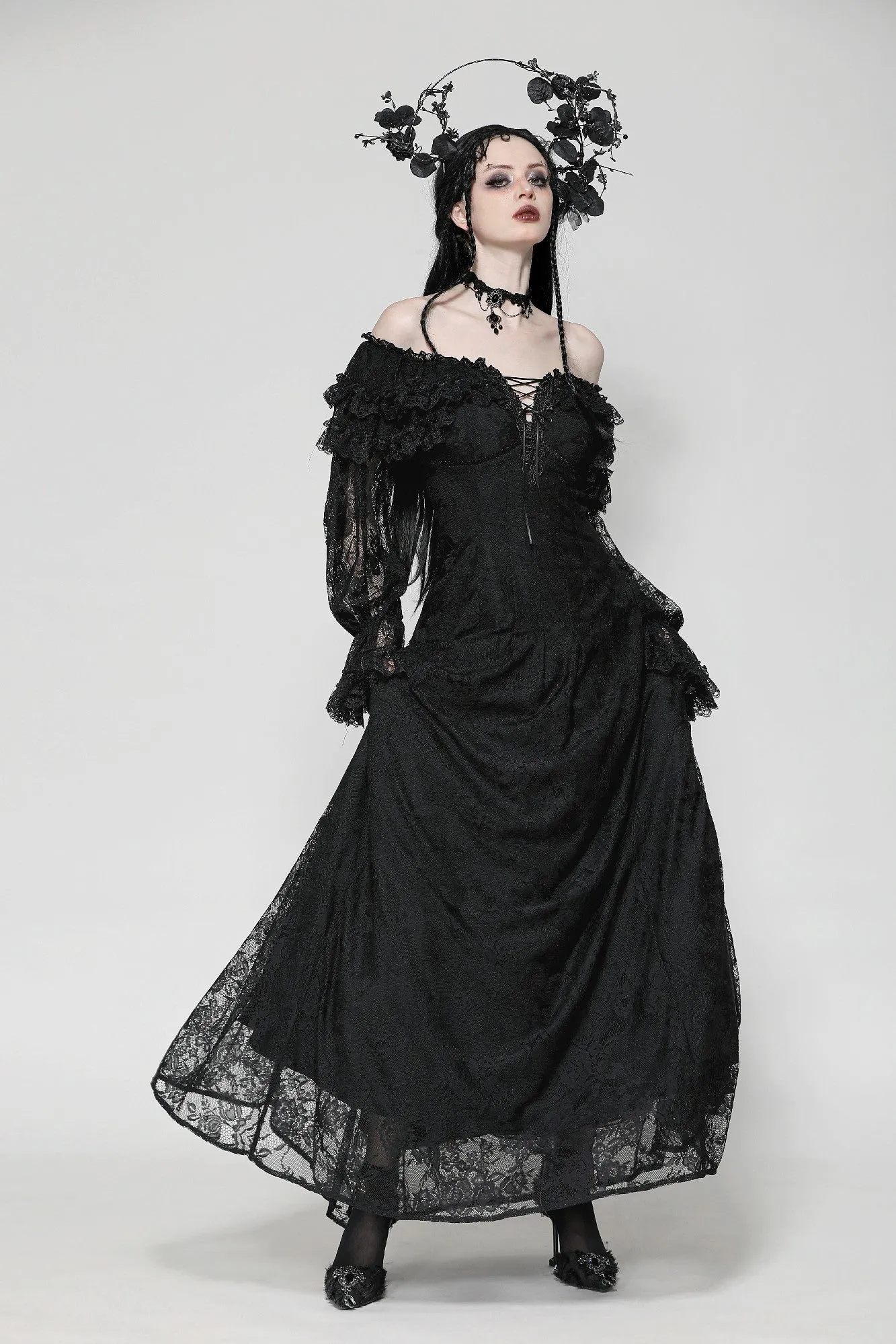 Gothic Off-Shoulder Layered Ruffle Elegant Maxi Dress DW1011