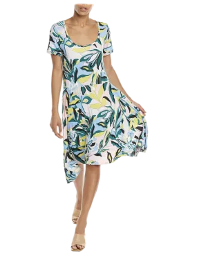 Green/Pink/Blue Swirl Floral Printed Jersey Fit and Flare Dress