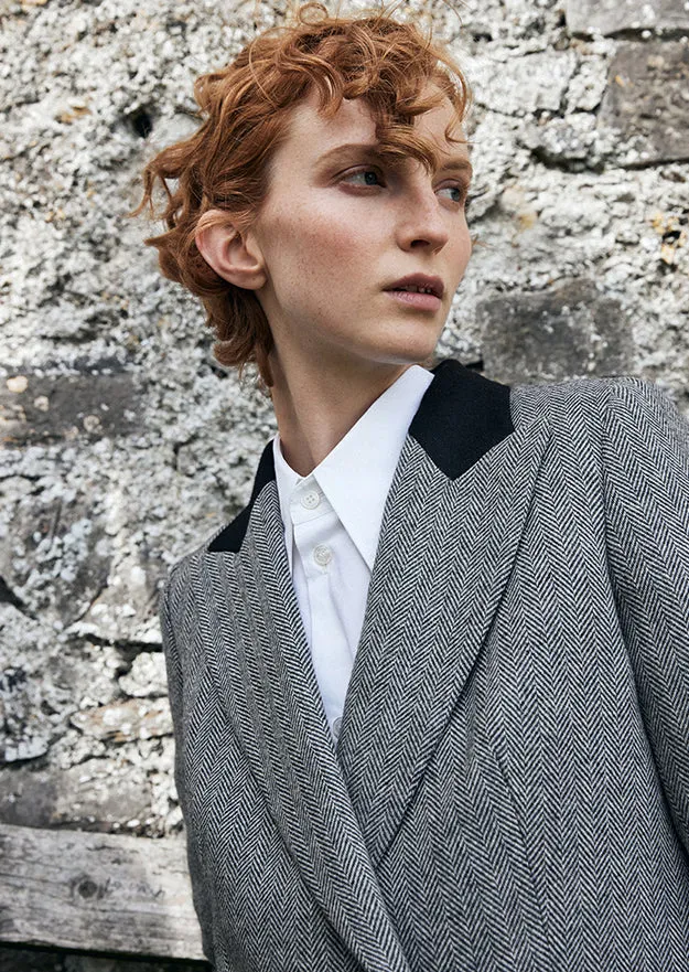 Grey Herringbone Clodagh Double Breasted Tweed Jacket