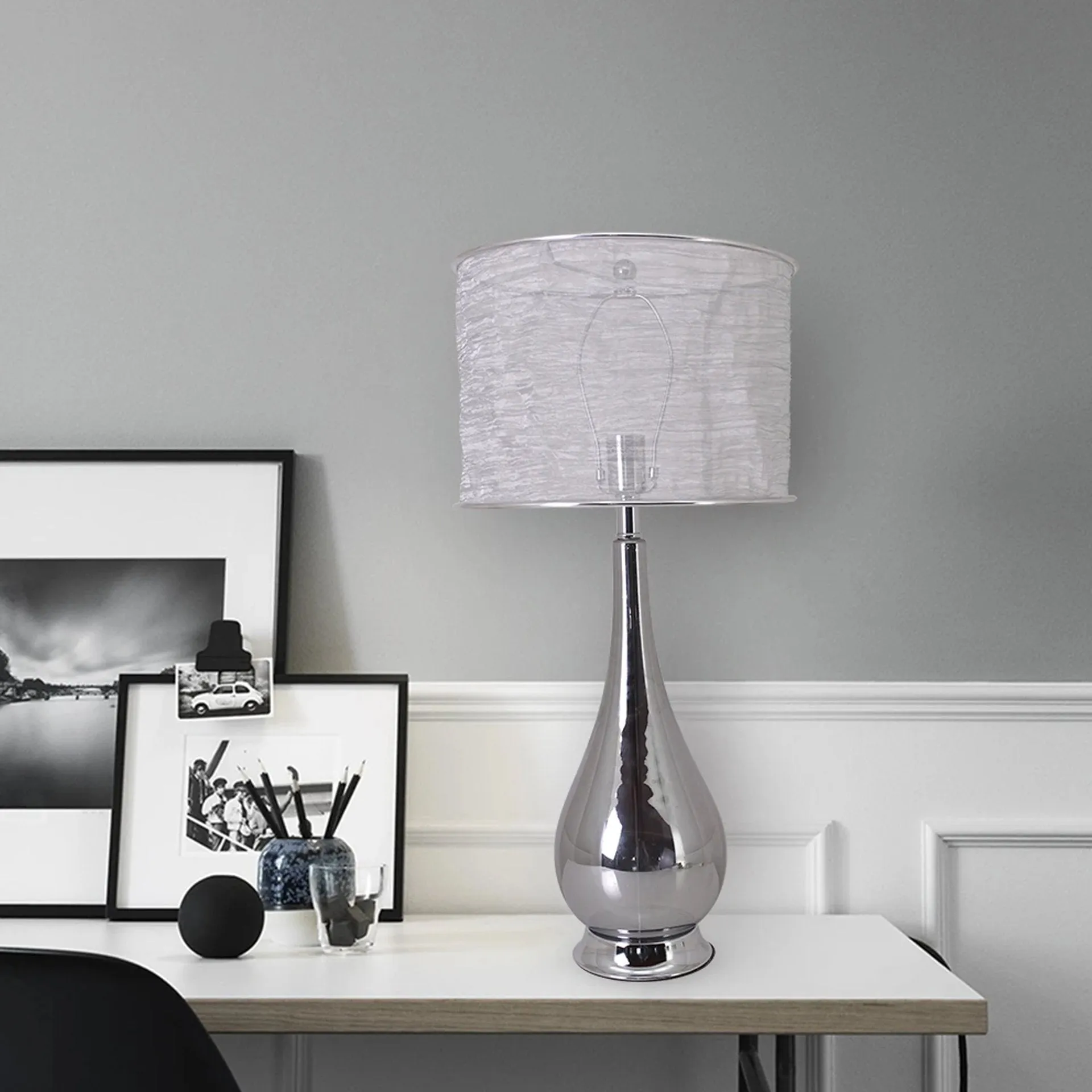 Lola Big Translucent Chrome Gray Ombre Glass Table Lamp 30" - Chrome Gray Ombre/Silver Yarn Shade (Set of 2)