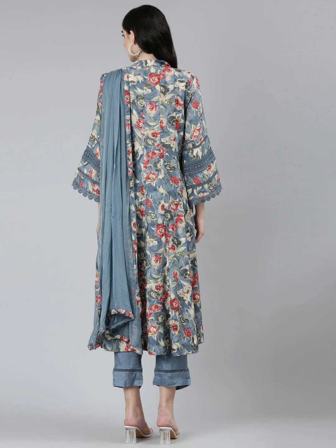 Neeru's Grey Regular Straight Floral Kurta Sets And Trousers With Dupatta