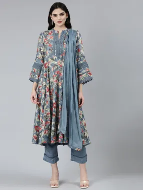 Neeru's Grey Regular Straight Floral Kurta Sets And Trousers With Dupatta