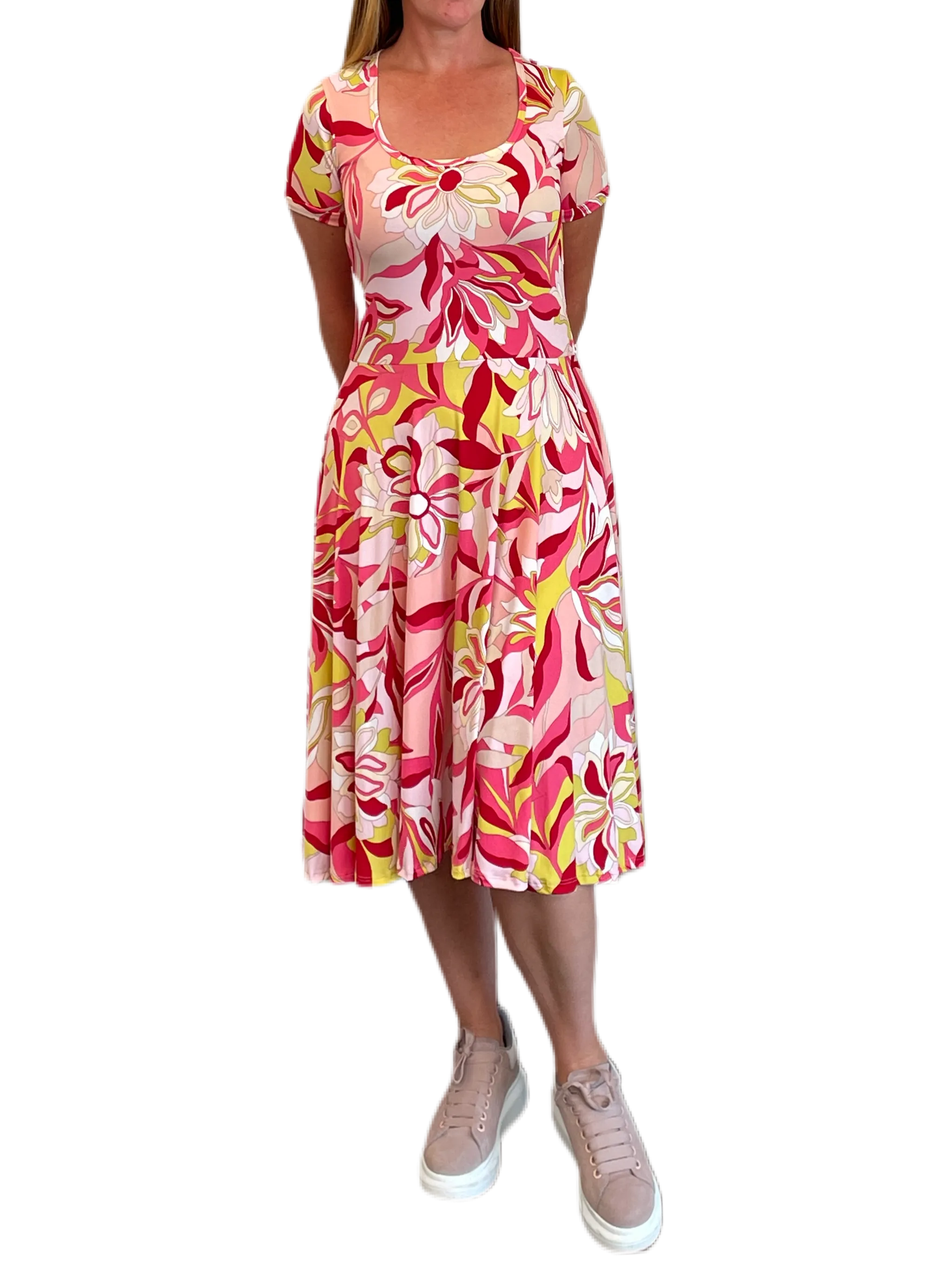 Pink/Citrus/Ivory Floral Swirl Printed Jersey Fit and Flare Dress