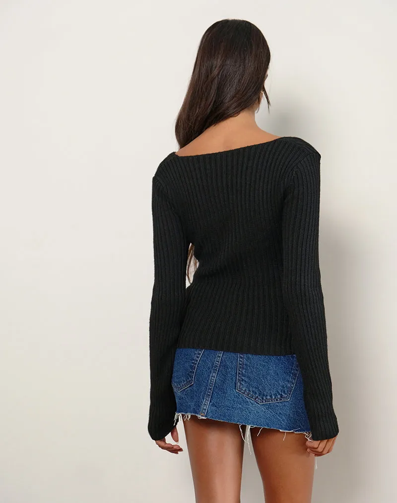 Rinca Bardot Jumper in Rib Knit Black
