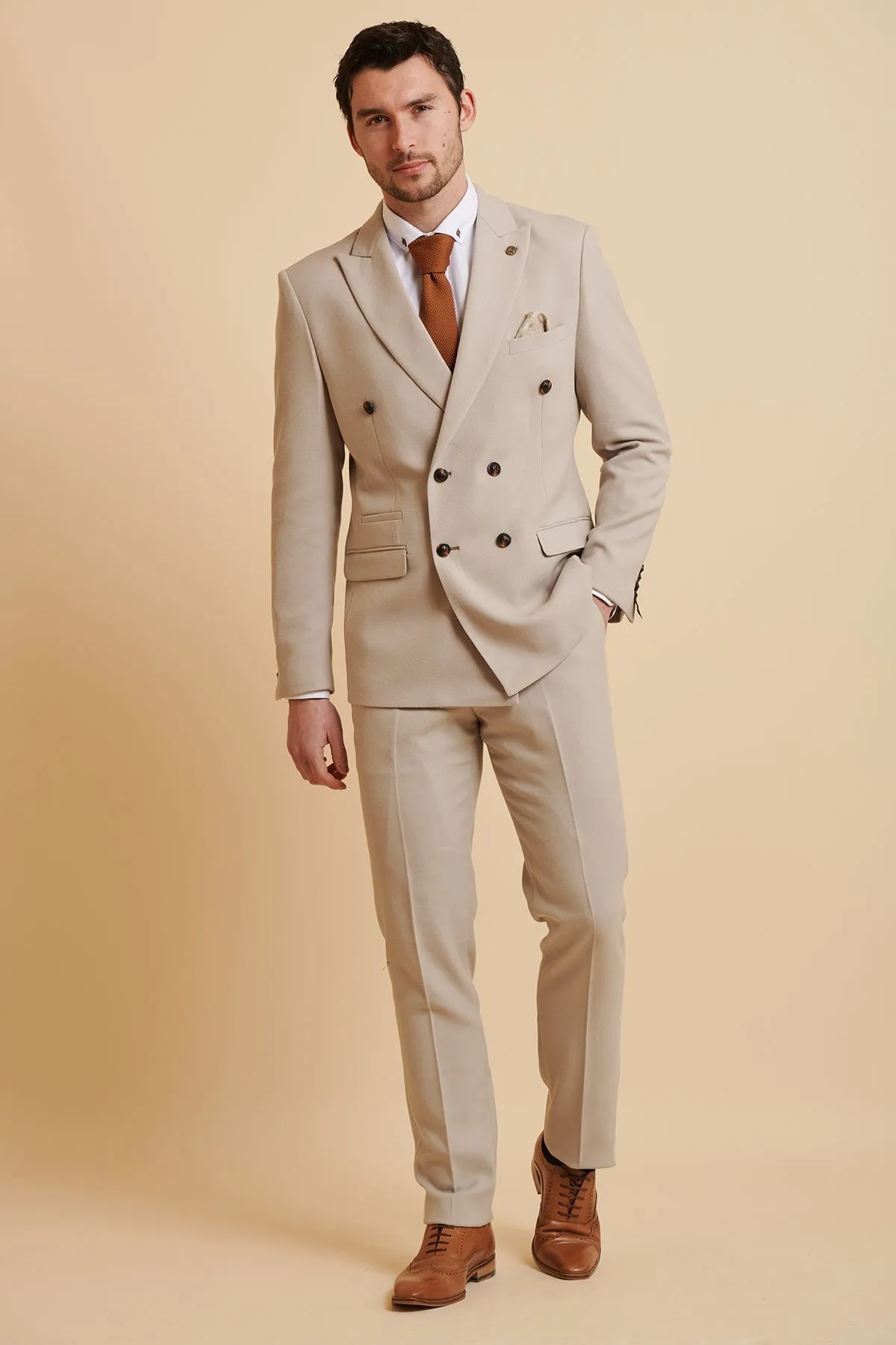 Salford City Footballer Callum Hendry in HM5 Stone Double-Breasted Suit