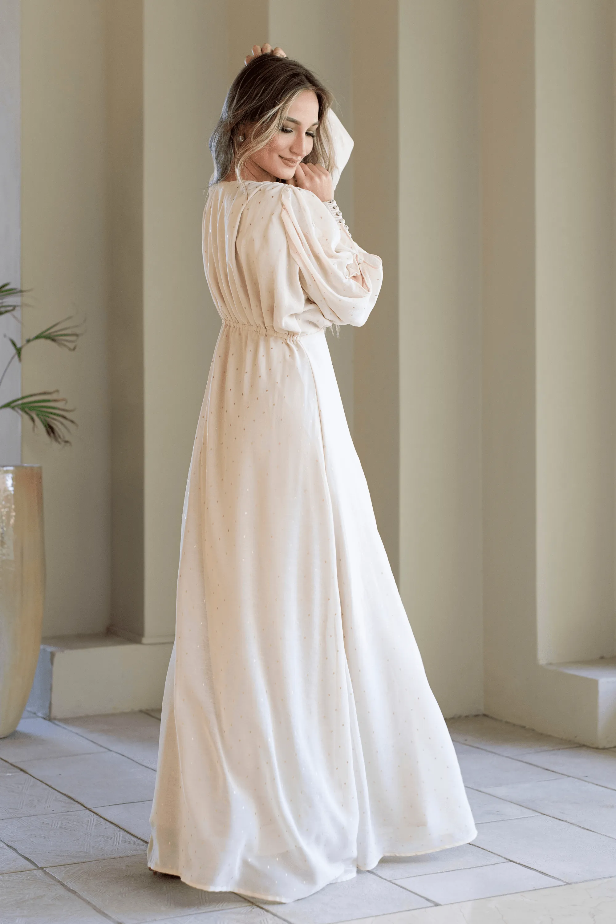 Seline Gold Print Chiffon Flowy Maxi Dress With Long Sleeves
