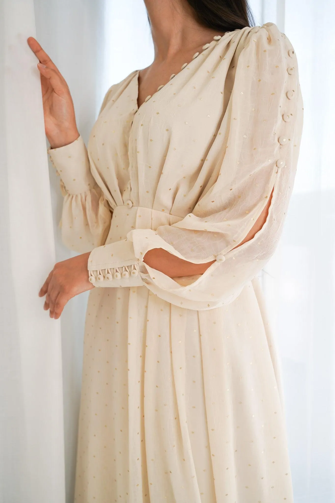 Seline Gold Print Chiffon Flowy Maxi Dress With Long Sleeves