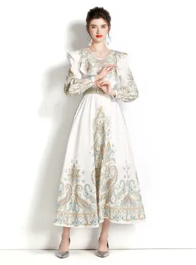 TastyHottie - Long Sleeve Ruffled V-neck Printed Dress