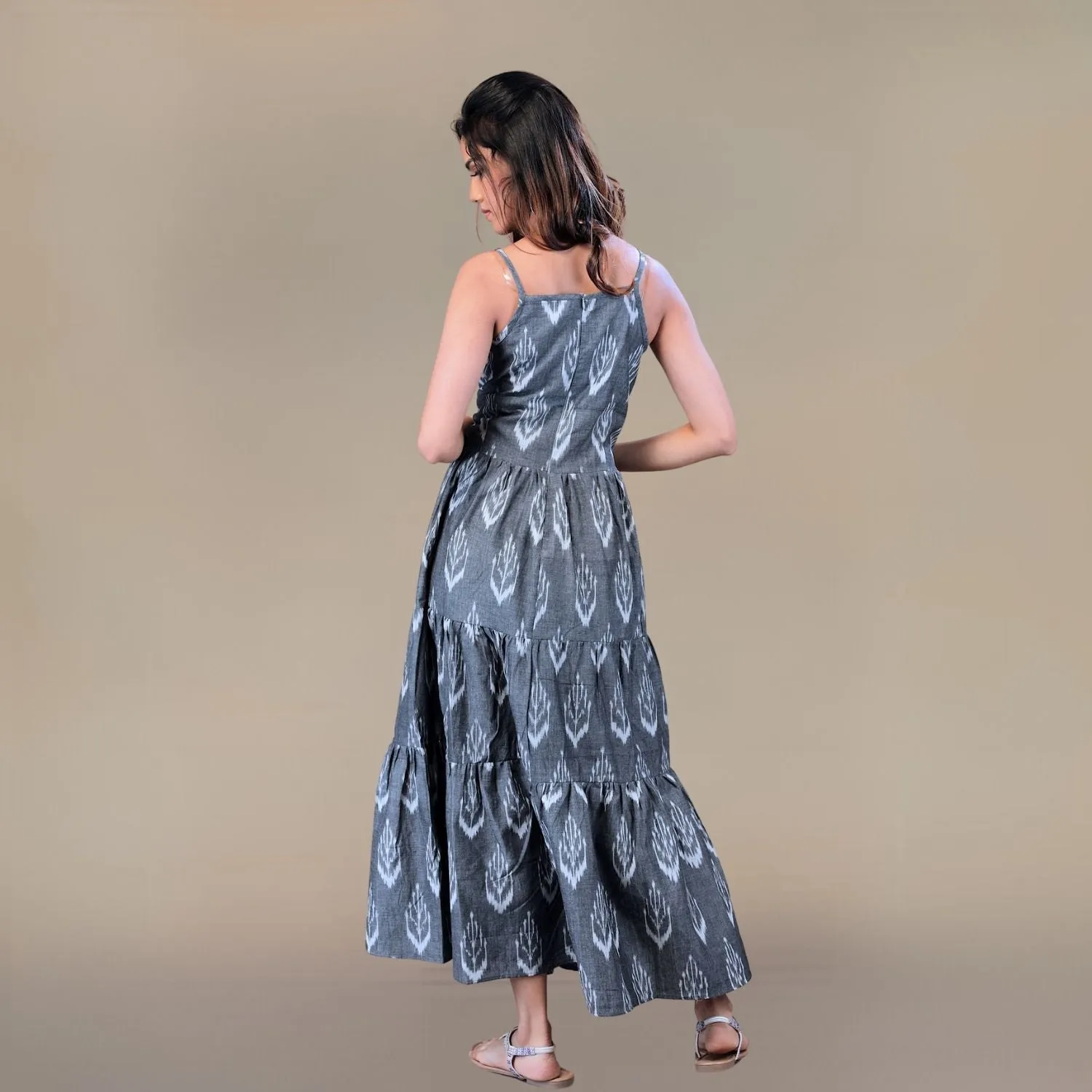 Women Ikat Cotton Tier Dress | Hand Crafted | Comfortable Day Dress | Grey