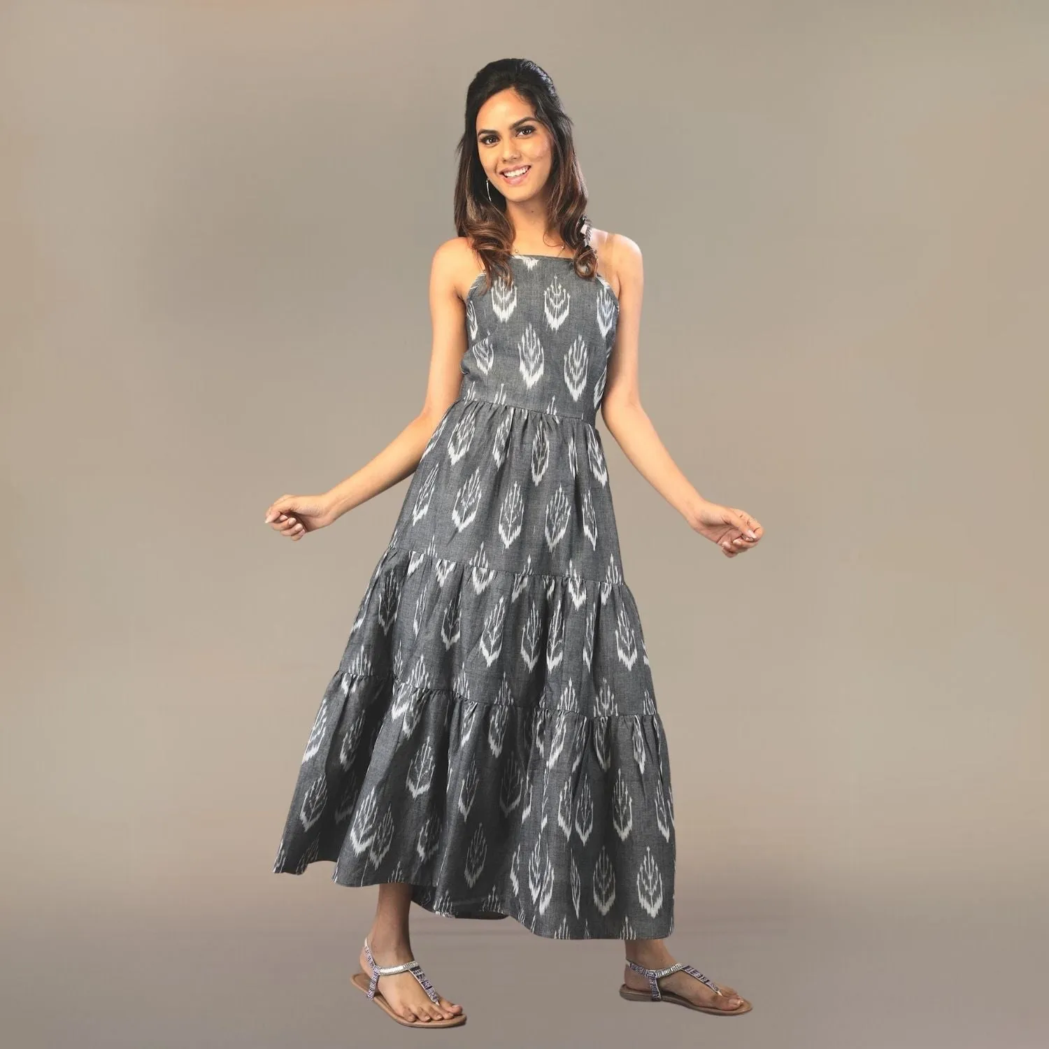 Women Ikat Cotton Tier Dress | Hand Crafted | Comfortable Day Dress | Grey