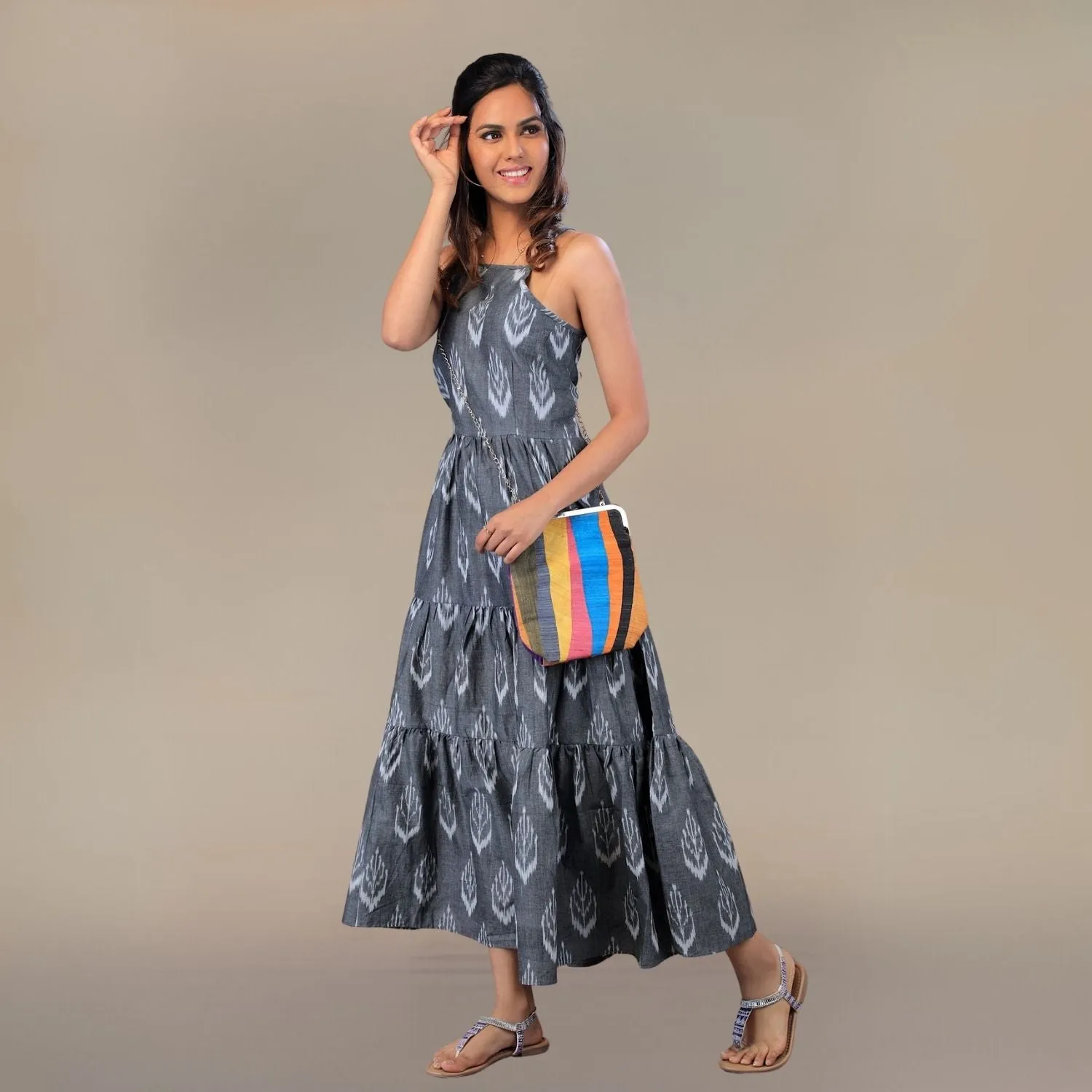 Women Ikat Cotton Tier Dress | Hand Crafted | Comfortable Day Dress | Grey
