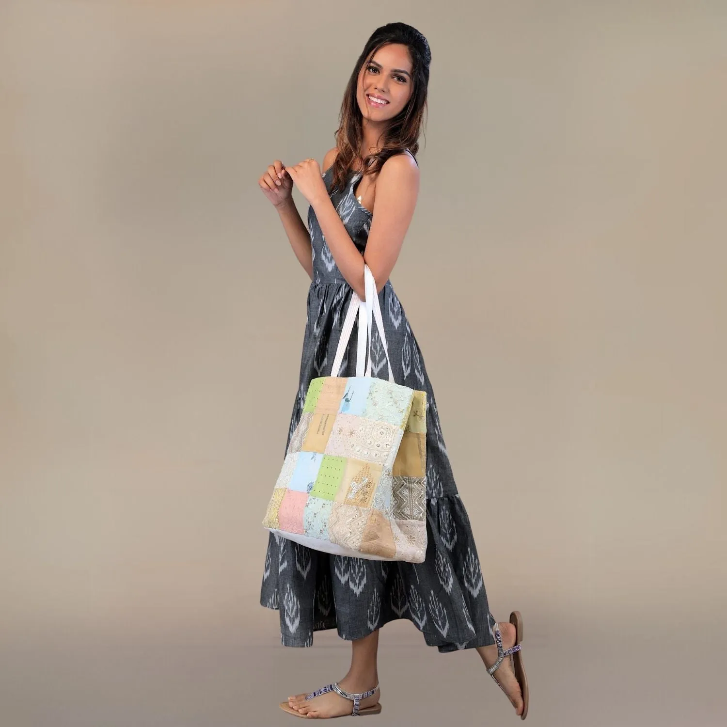 Women Ikat Cotton Tier Dress | Hand Crafted | Comfortable Day Dress | Grey