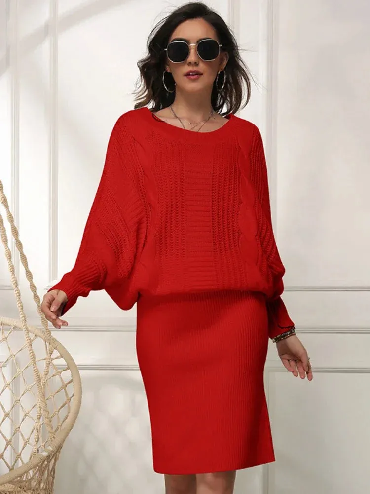 Women Knit Textured Sweater Blouson Dress for Fall & Winter