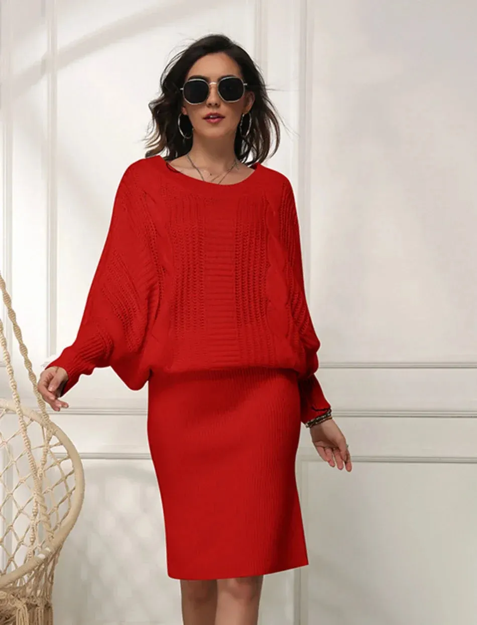 Women Knit Textured Sweater Blouson Dress for Fall & Winter