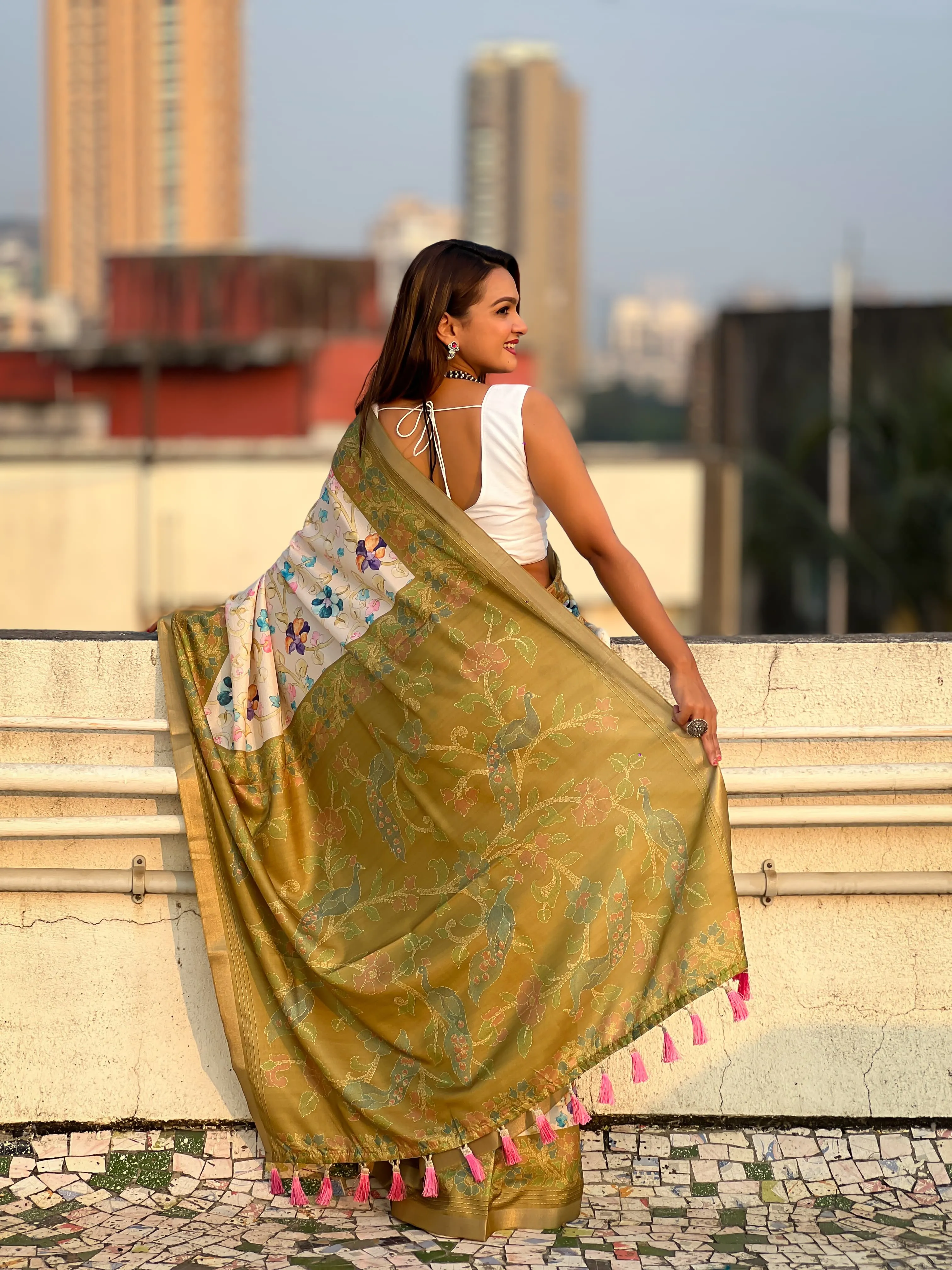 Women's Designer Party Wear Tussar Silk with Kalamkari Print Saree