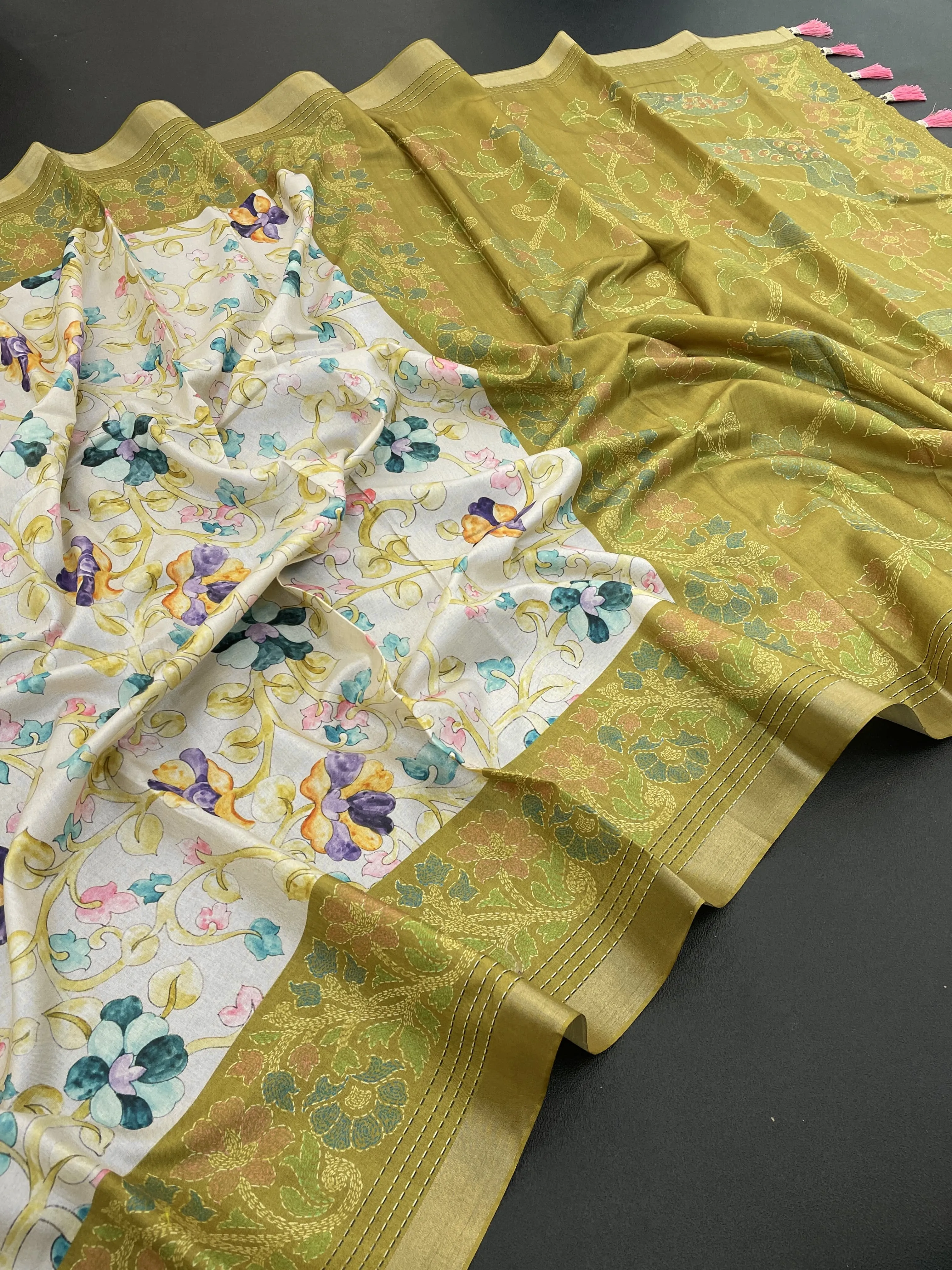 Women's Designer Party Wear Tussar Silk with Kalamkari Print Saree
