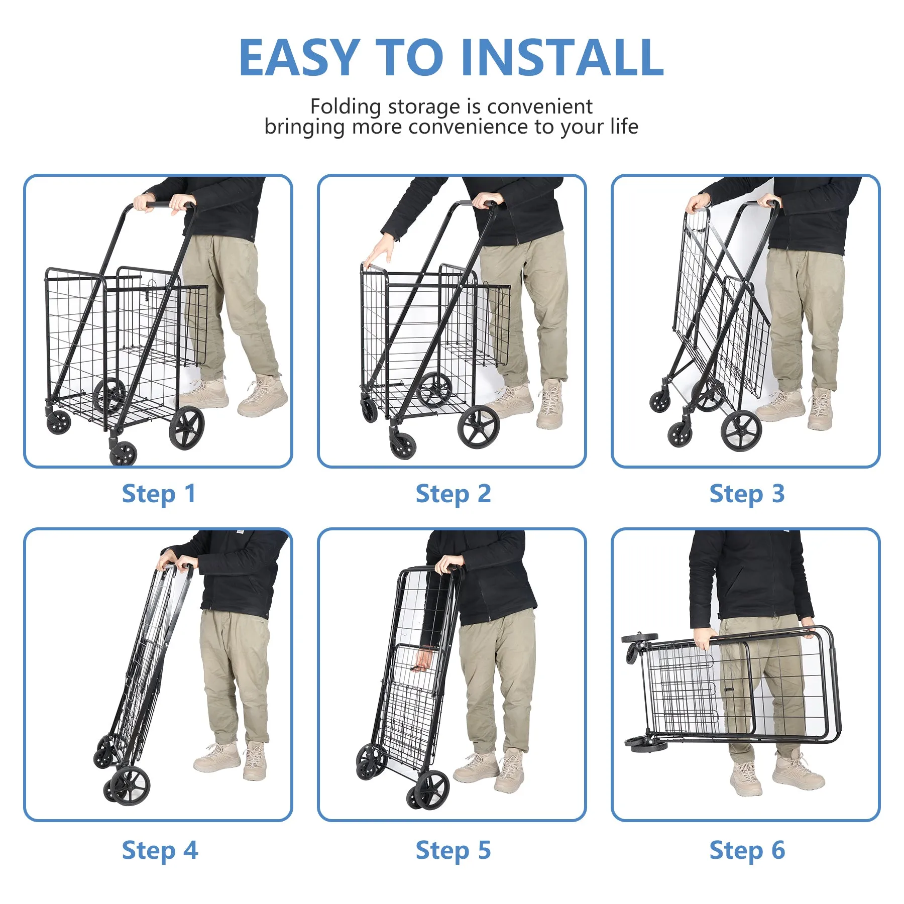 ZENY™ Folding Shopping Cart with Wheels and Double Basket for Groceries Laundry Book Luggage Travel, Black