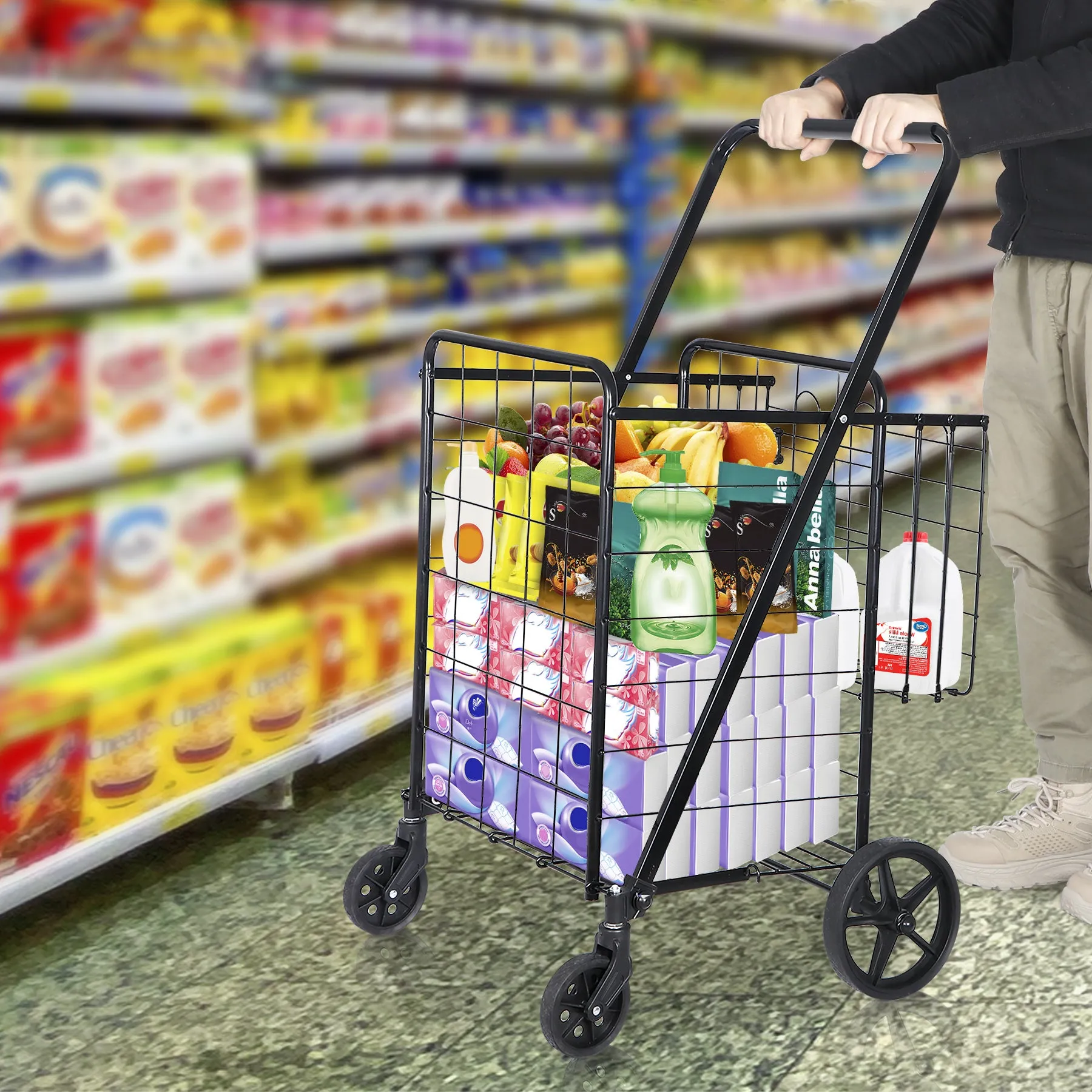 ZENY™ Folding Shopping Cart with Wheels and Double Basket for Groceries Laundry Book Luggage Travel, Black