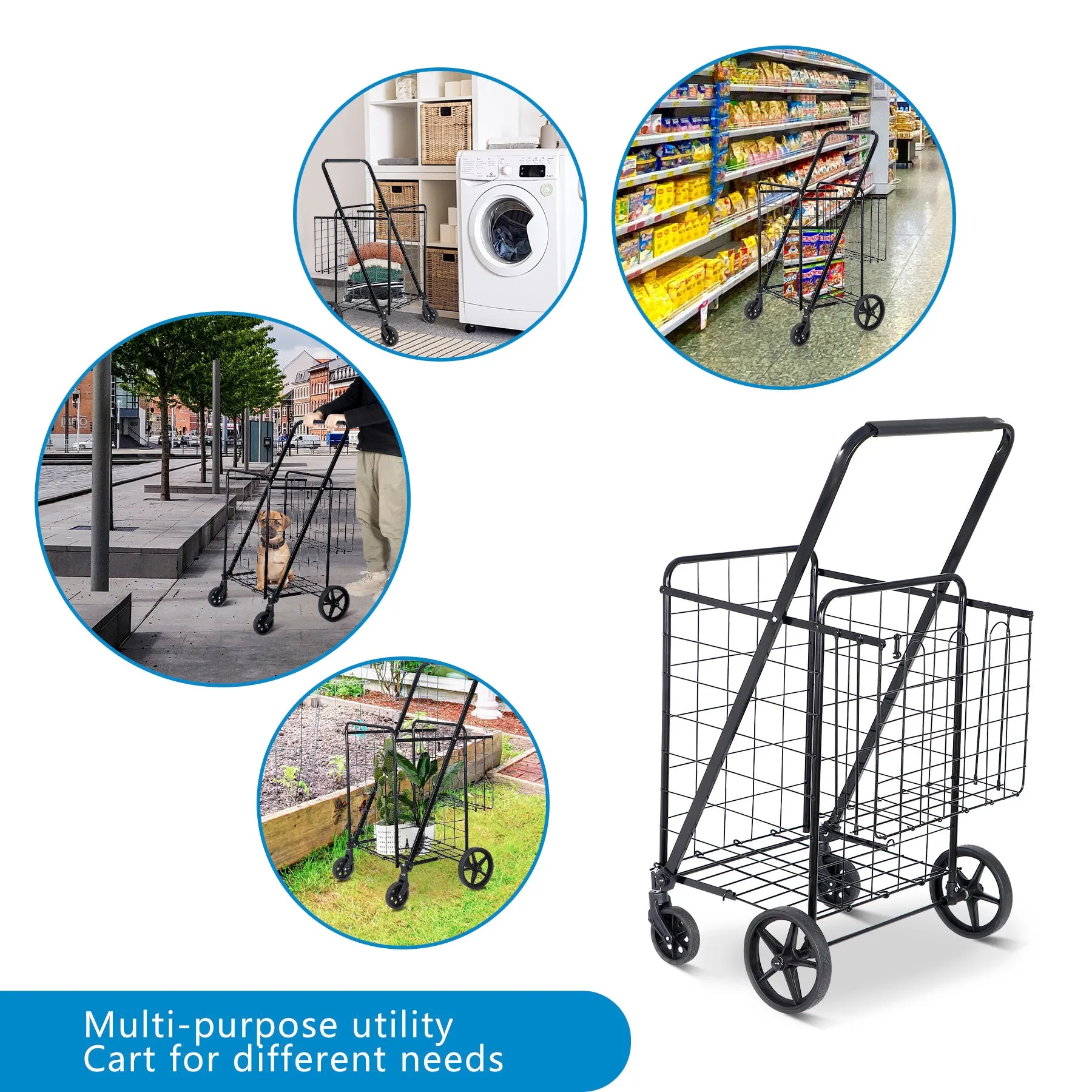 ZENY™ Folding Shopping Cart with Wheels and Double Basket for Groceries Laundry Book Luggage Travel, Black
