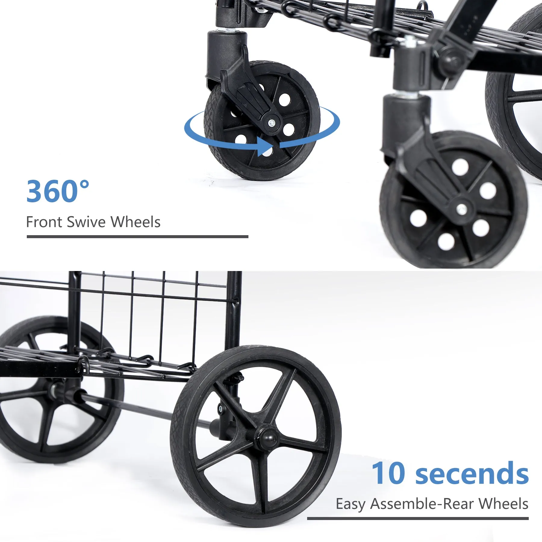 ZENY™ Folding Shopping Cart with Wheels and Double Basket for Groceries Laundry Book Luggage Travel, Black