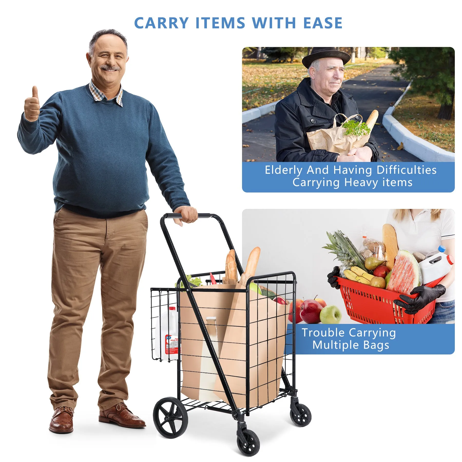 ZENY™ Folding Shopping Cart with Wheels and Double Basket for Groceries Laundry Book Luggage Travel, Black
