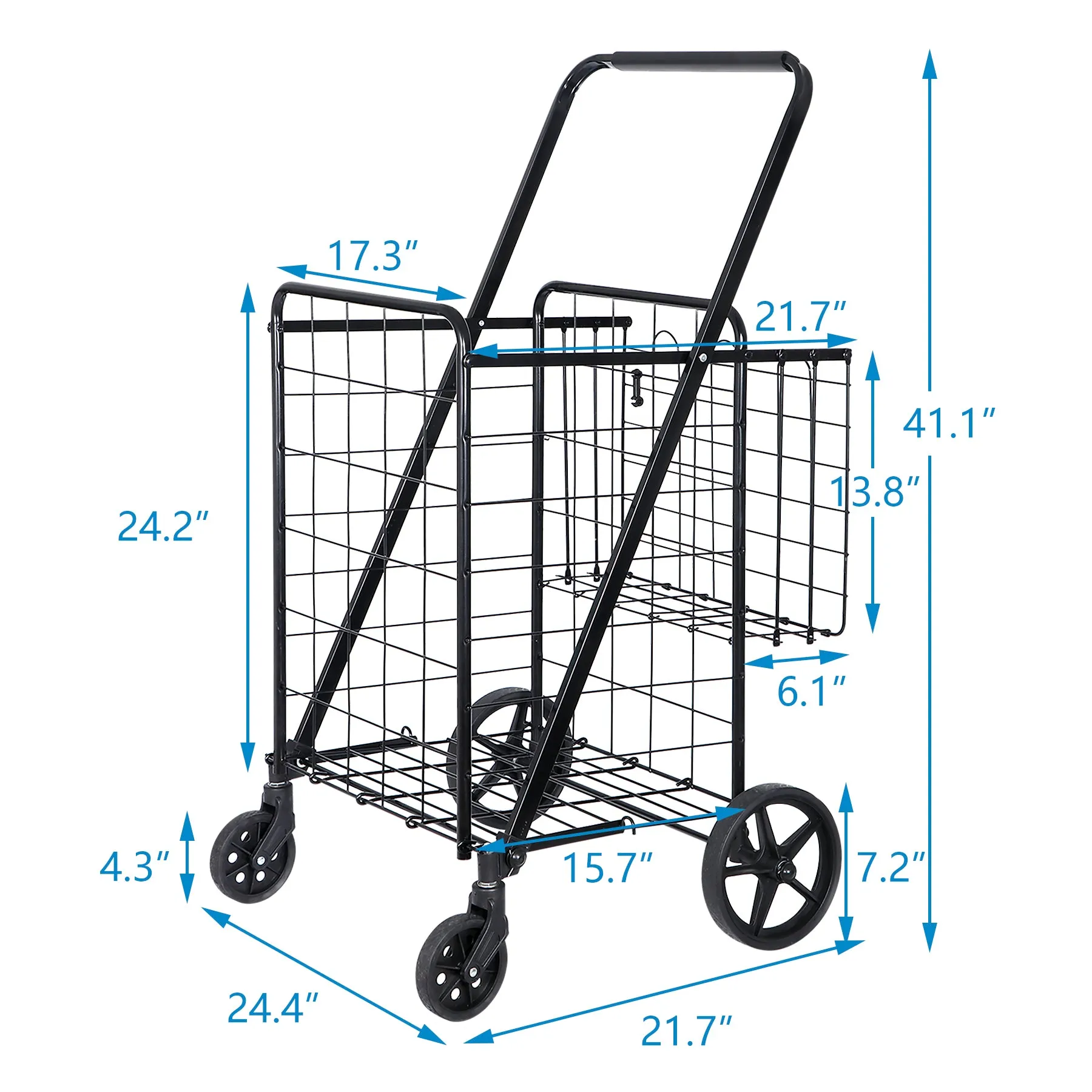 ZENY™ Folding Shopping Cart with Wheels and Double Basket for Groceries Laundry Book Luggage Travel, Black