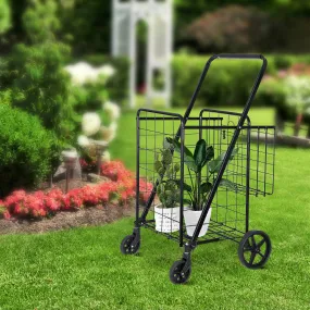 ZENY™ Folding Shopping Cart with Wheels and Double Basket for Groceries Laundry Book Luggage Travel, Black