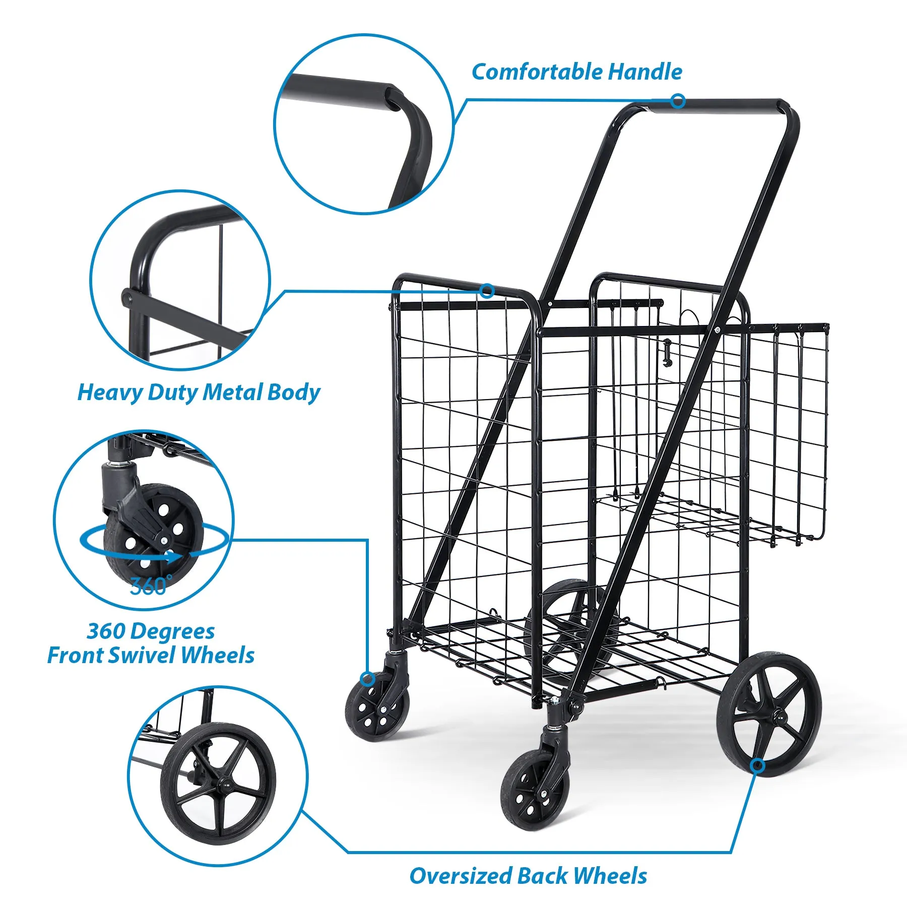 ZENY™ Folding Shopping Cart with Wheels and Double Basket for Groceries Laundry Book Luggage Travel, Black