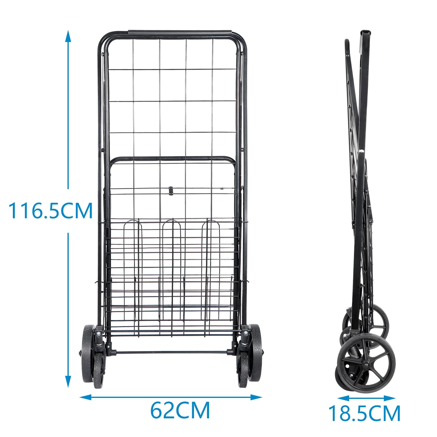 ZENY™ Folding Shopping Cart with Wheels and Double Basket for Groceries Laundry Book Luggage Travel, Black